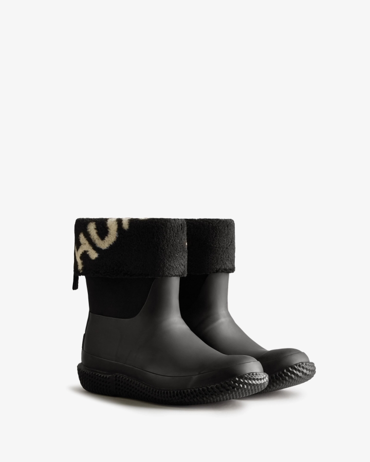 Hunter Women's Insulated Roll Top Logo Vegan Shearling Boots Black-White Willow - Image 4