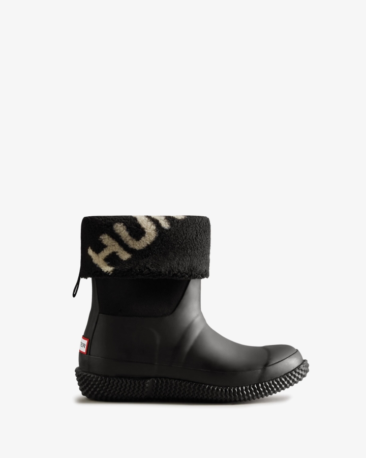 Hunter Women's Insulated Roll Top Logo Vegan Shearling Boots Black-White Willow - Image 1
